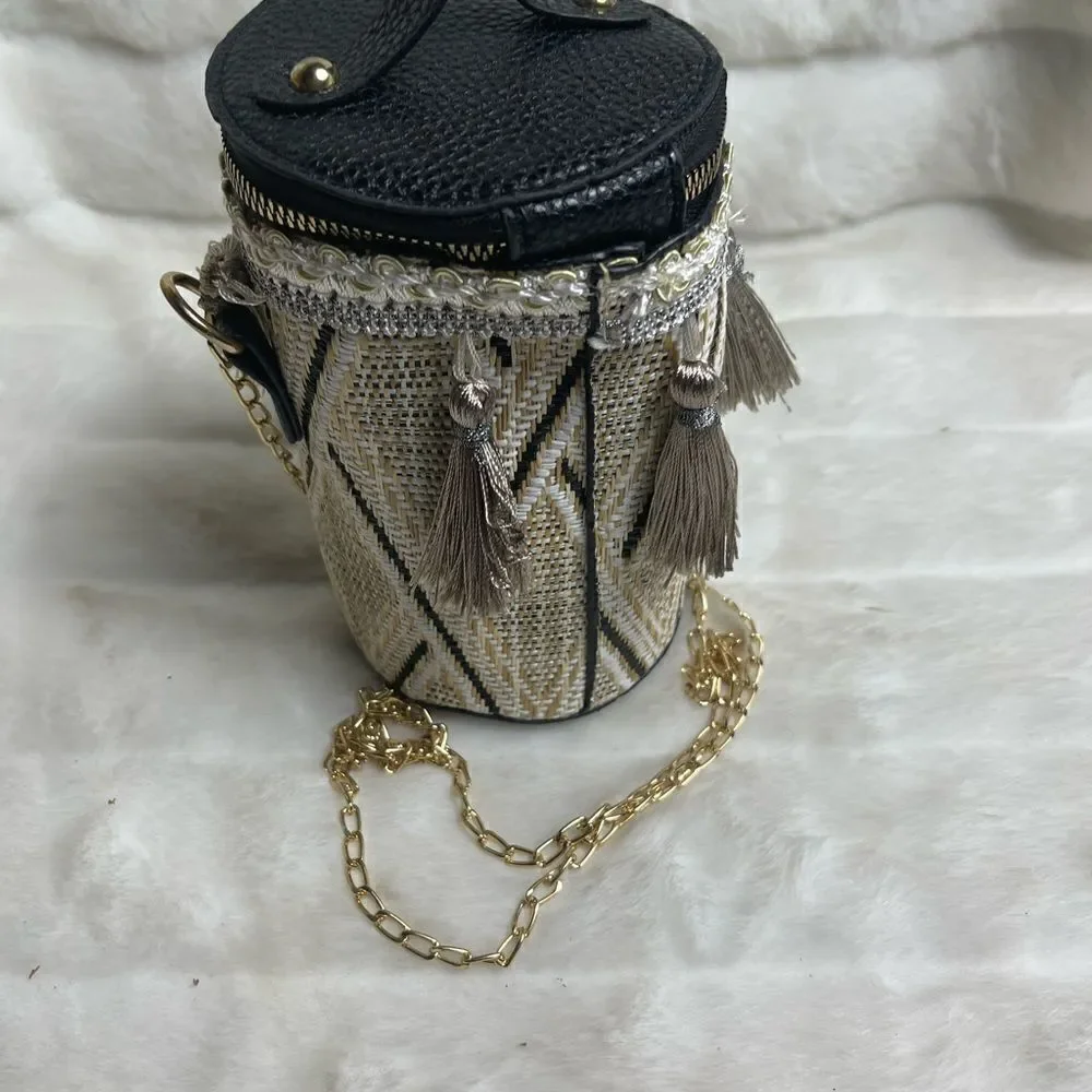 Mini tassels bucket bag beige ,brown and black with gold tone chain strap